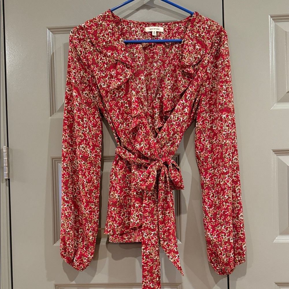 LAST CALL! Max Studio Red Floral Ruffled Wrap Blouse